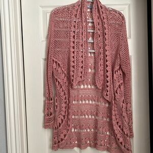 Boho Pink Crochet waterfall front Open Long Cardigan
Sz XL